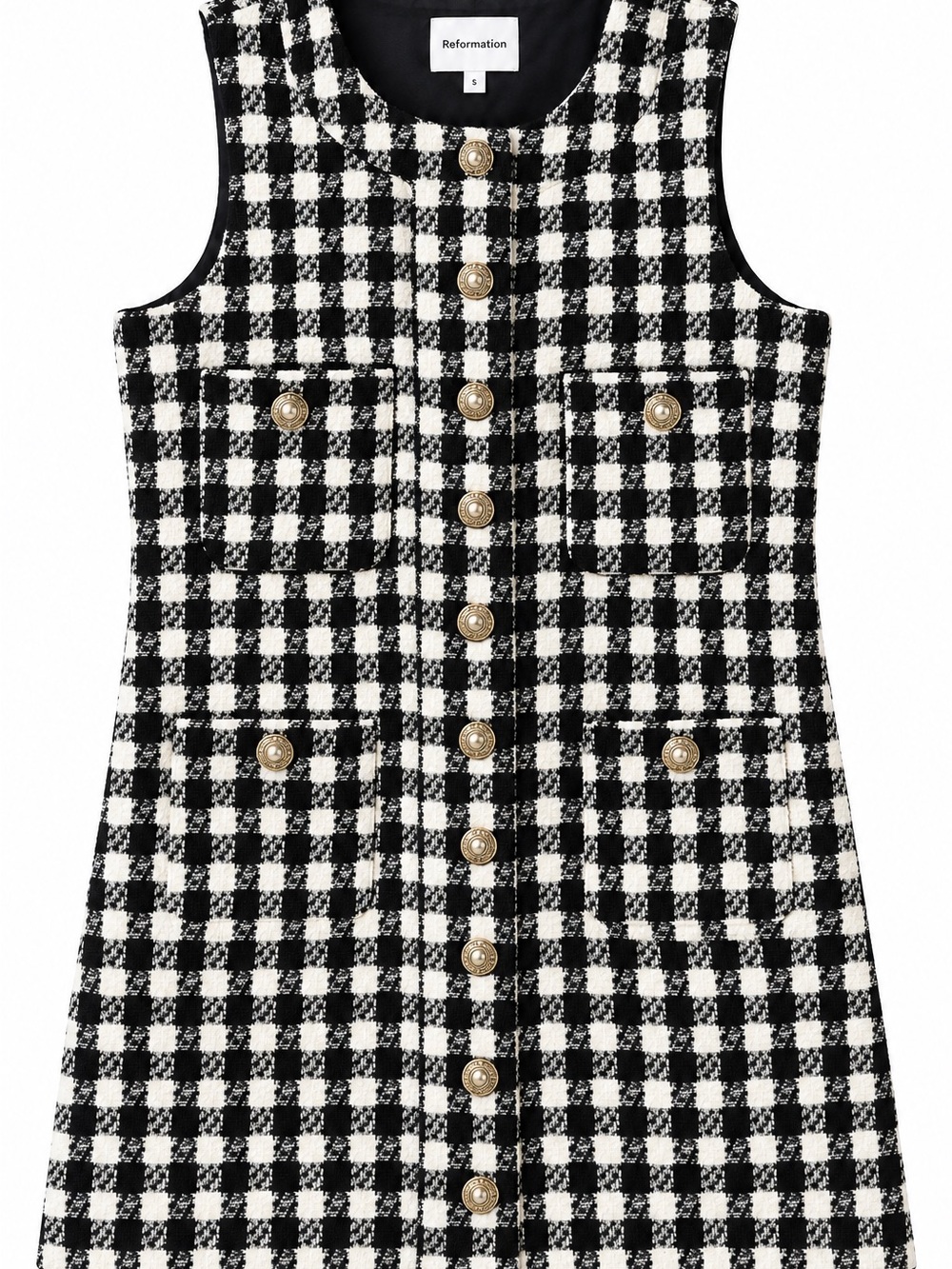 Reformation Black White Tweed Check Mini Dress Gold Buttons size 8